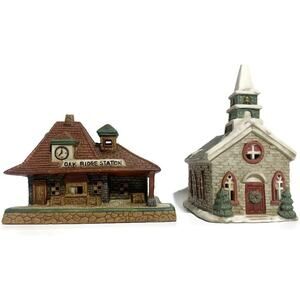 Americana Porcelain Christams Village Pieces Church and Oak Ridge Station Depot